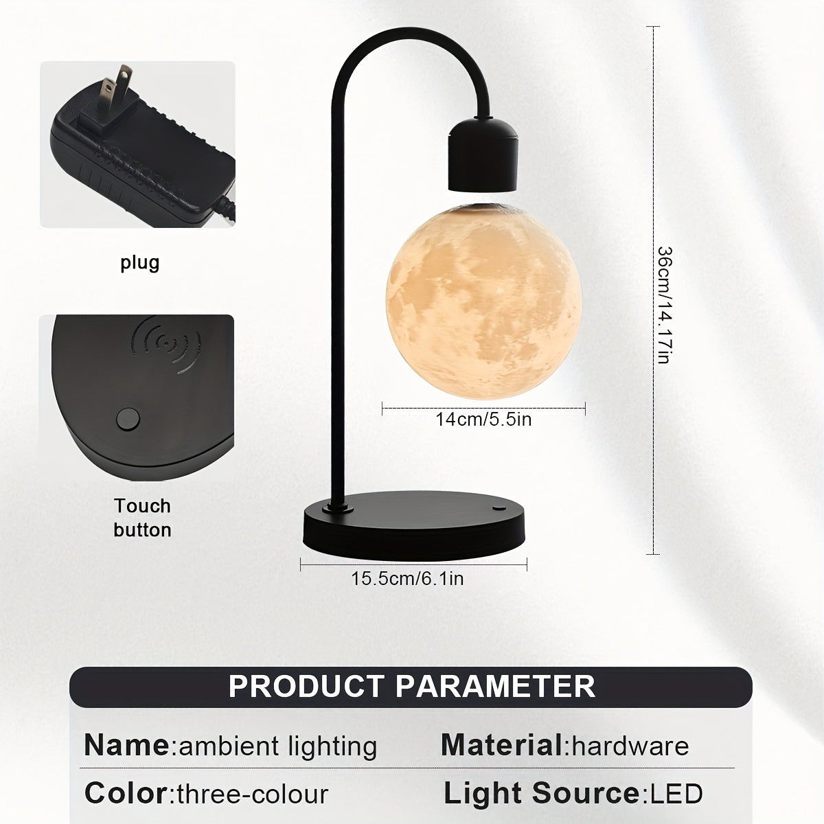 1pc Magnetic Floating Moon Lamp, Table Lamp, Desk Lamp, 15w Wireless Phone Charger, 3-color Adjustable, 3D Moon Light Touch Control, Floating, Atmosphere Night Light, Christmas, Holiday Or Birthday Gift