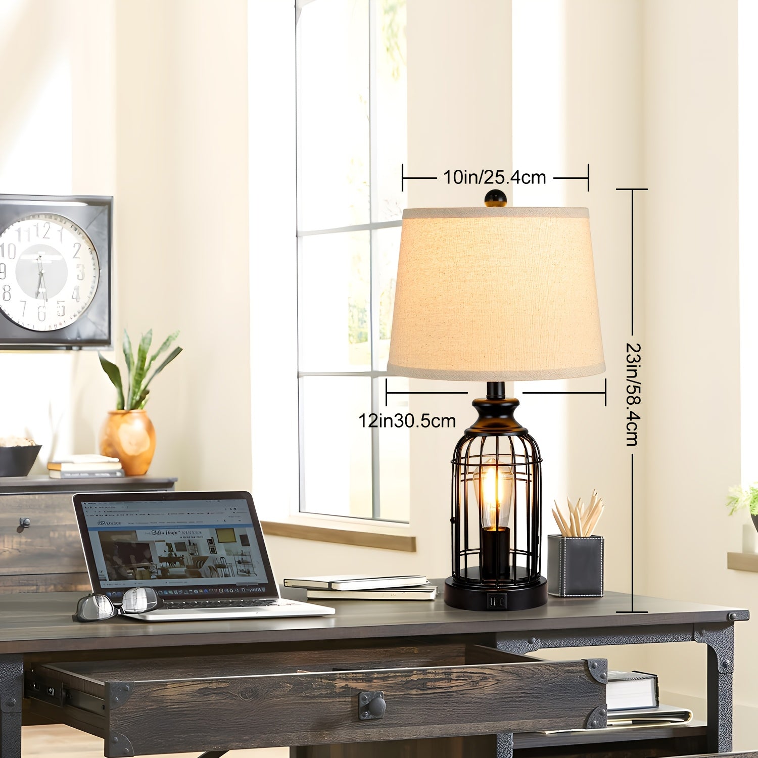 2 Set Farmhouse Table Lamps with 4 LED Bulbs, 9W Bright Rotary Switch Top Light + Touch Contorl 3 Way Dimmable Bird Cage Nightstand Light, Dual USB Ports, Natural Linen Shade, Metal, Black, 22 Inch