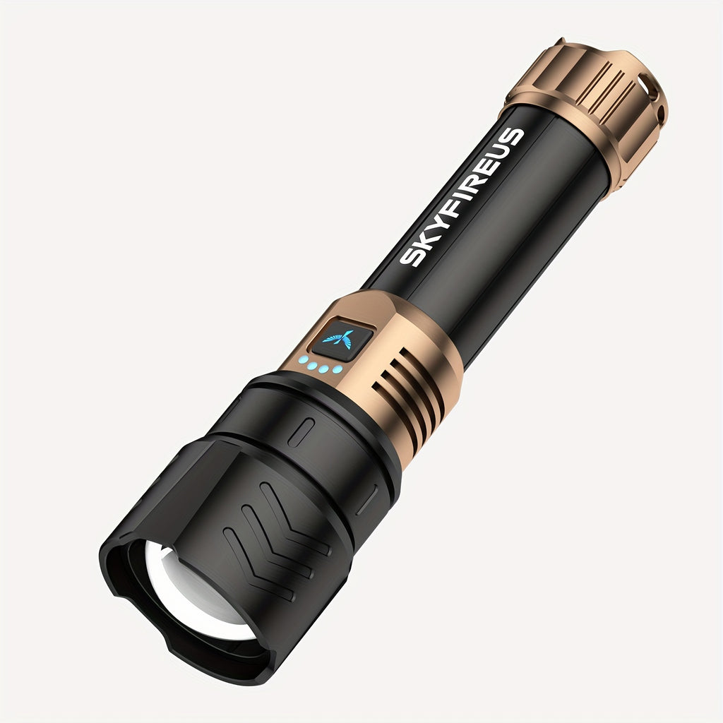SKYFIRE LED Flashlight High Lumens, Super Bright Rechargeable Flashlight with Ignition Lens, Zoomable, Four Modes, Flash Light for Camping Essentials, Outdoor, Home