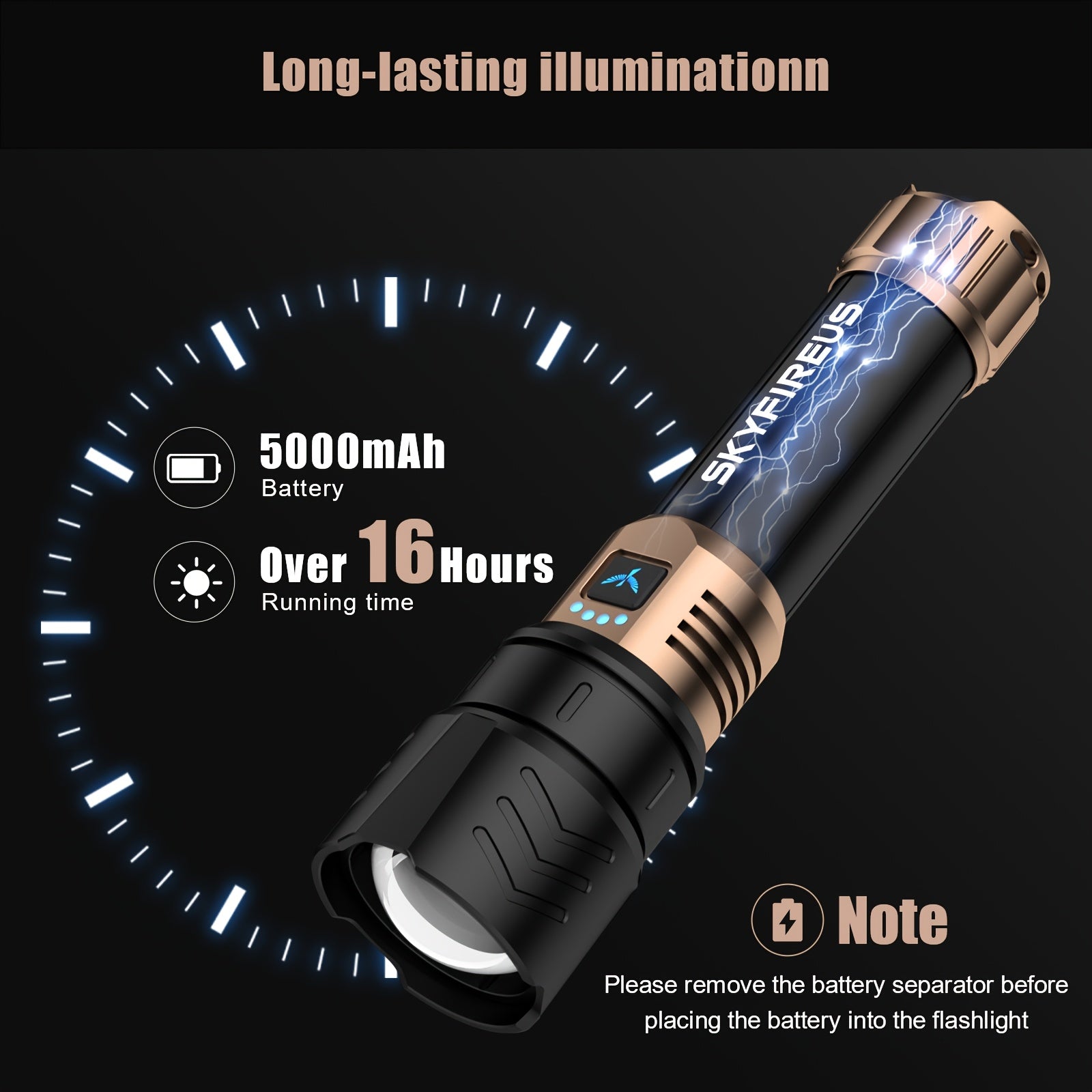 SKYFIRE LED Flashlight High Lumens, Super Bright Rechargeable Flashlight with Ignition Lens, Zoomable, Four Modes, Flash Light for Camping Essentials, Outdoor, Home