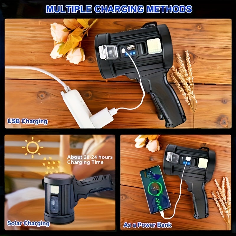 LED Rechargeable Flashlight, 6 Modes, 3 Color Filters, USB And Solar Power Supply, IPX4 Waterproof, Suitable for Hunting, Camping, Boating, Hiking, Etc, Best for Christmas, Perfect for Thanksgiving