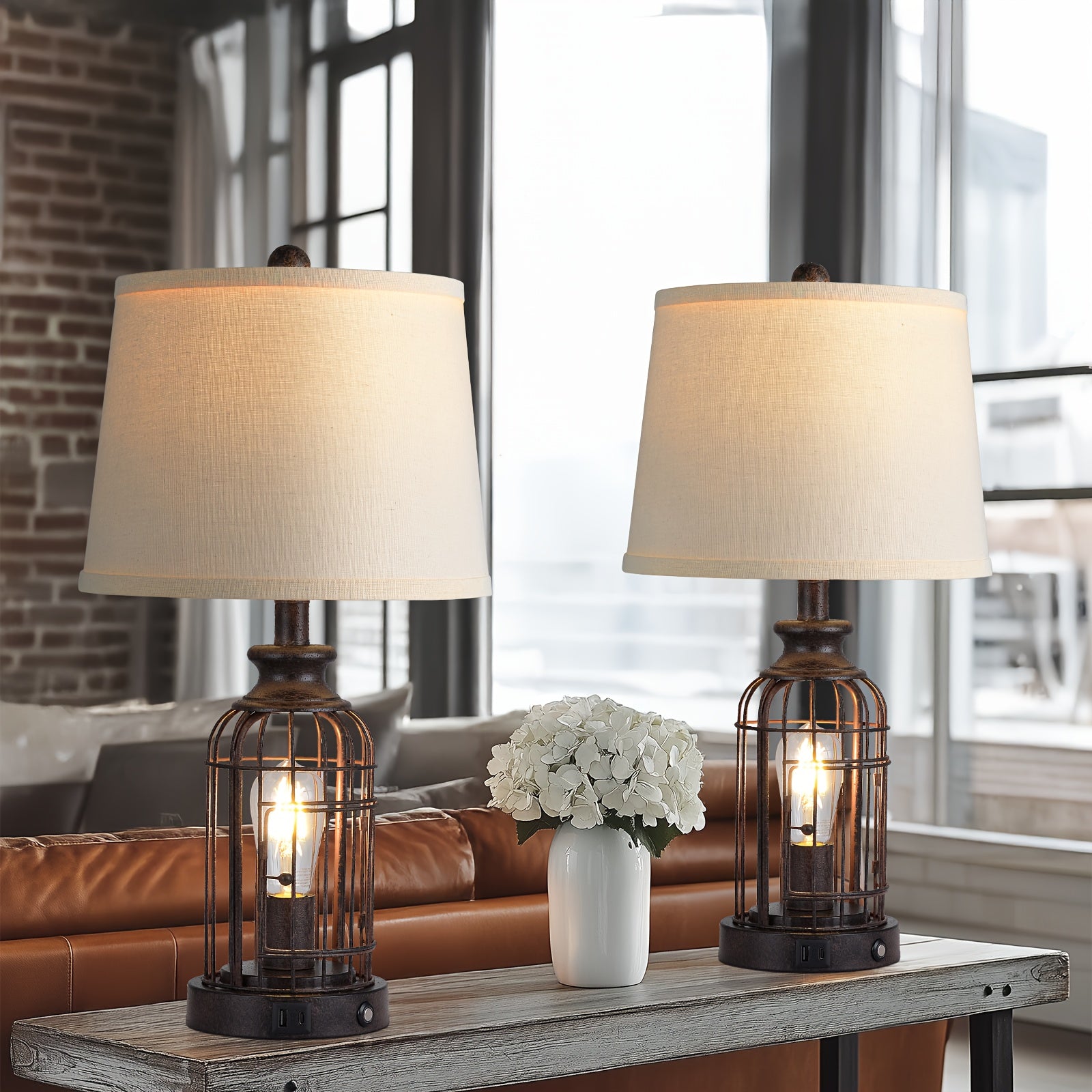 2 Set Farmhouse Table Lamps with 4 LED Bulbs, 9W Bright Rotary Switch Top Light + Touch Contorl 3 Way Dimmable Bird Cage Nightstand Light, Dual USB Ports, Natural Linen Shade, Metal, Black, 22 Inch