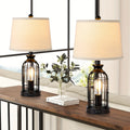 2 Set Farmhouse Table Lamps with 4 LED Bulbs, 9W Bright Rotary Switch Top Light + Touch Contorl 3 Way Dimmable Bird Cage Nightstand Light, Dual USB Ports, Natural Linen Shade, Metal, Black, 22 Inch