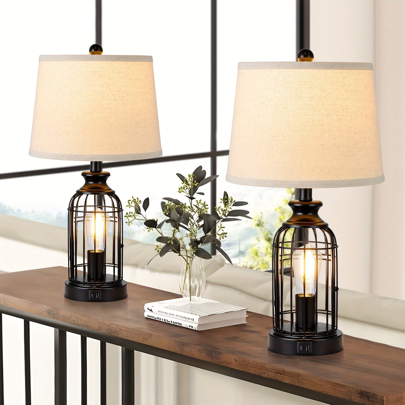 2 Set Farmhouse Table Lamps with 4 LED Bulbs, 9W Bright Rotary Switch Top Light + Touch Contorl 3 Way Dimmable Bird Cage Nightstand Light, Dual USB Ports, Natural Linen Shade, Metal, Black, 22 Inch