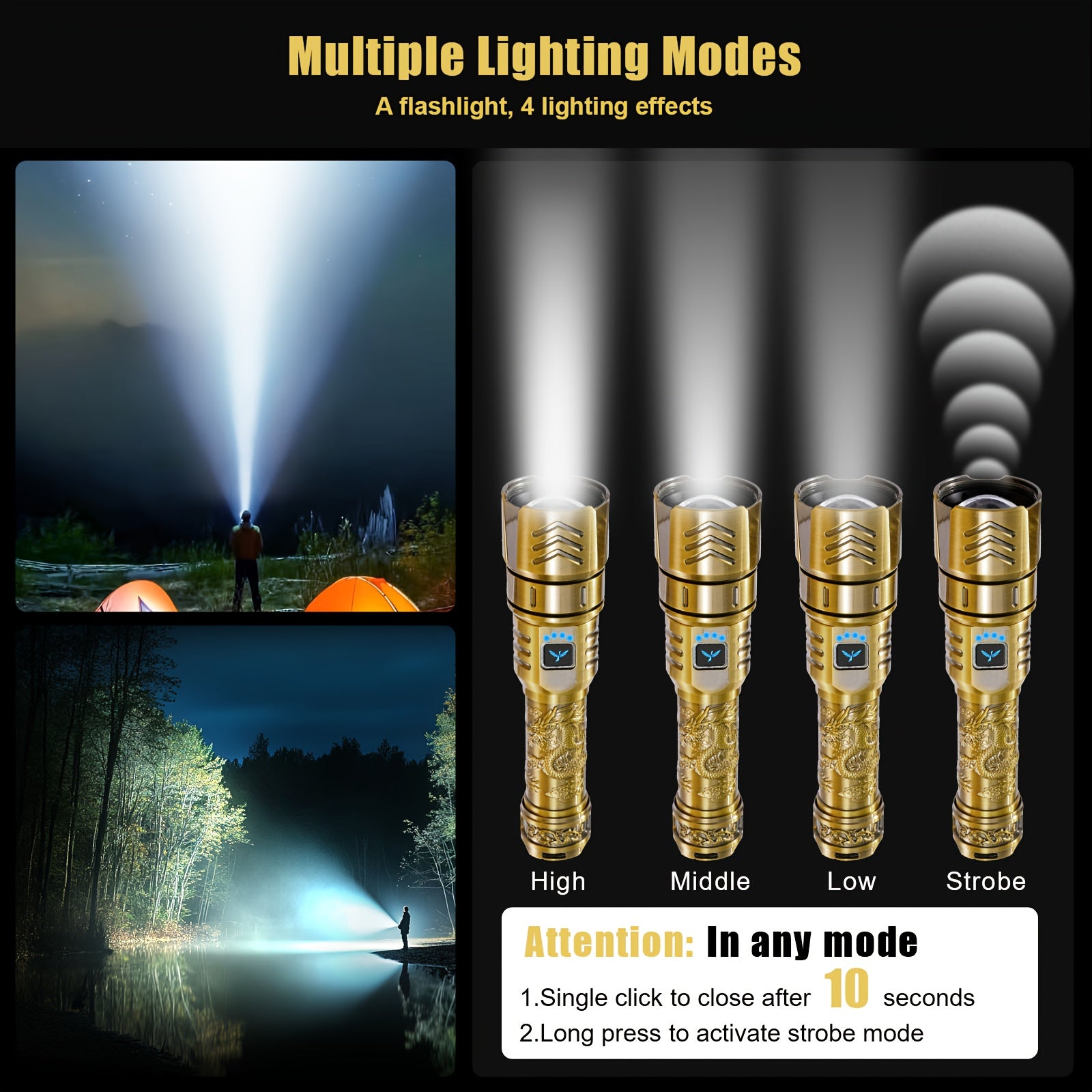 SKYFIRE LED High-brightness Golden Dragon Pattern Flashlight, 5000mAh Rechargeable Flashlight with Ignition Lens, Zoom Function, Four Modes, Suitable for Camping, Outdoor And Household Use