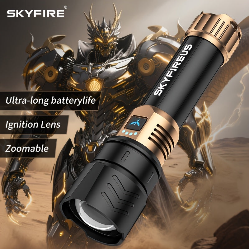 SKYFIRE LED Flashlight High Lumens, Super Bright Rechargeable Flashlight with Ignition Lens, Zoomable, Four Modes, Flash Light for Camping Essentials, Outdoor, Home