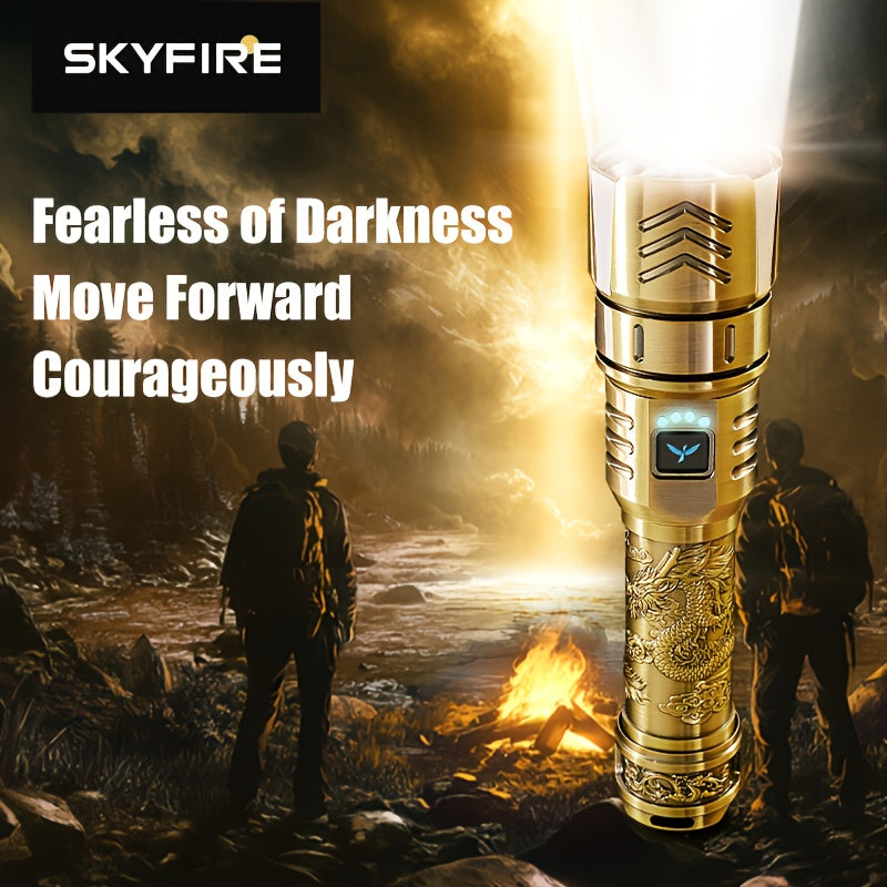 SKYFIRE LED High-brightness Golden Dragon Pattern Flashlight, 4000mAh Rechargeable Flashlight With Ignition Lens, Zoom Function, Four Modes, Suitable For Camping, Outdoor And Household Use