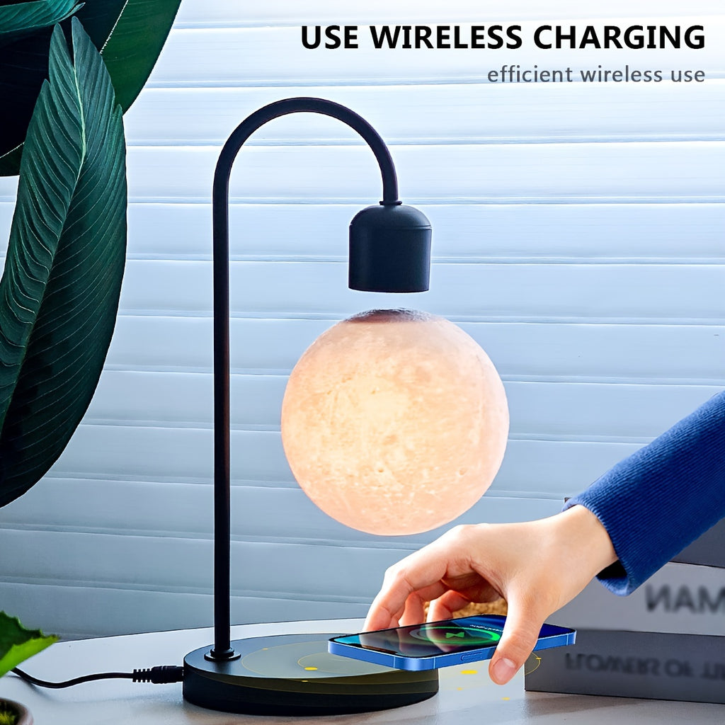 1pc Magnetic Floating Moon Lamp, Table Lamp, Desk Lamp, 15w Wireless Phone Charger, 3-color Adjustable, 3D Moon Light Touch Control, Floating, Atmosphere Night Light, Christmas, Holiday Or Birthday Gift