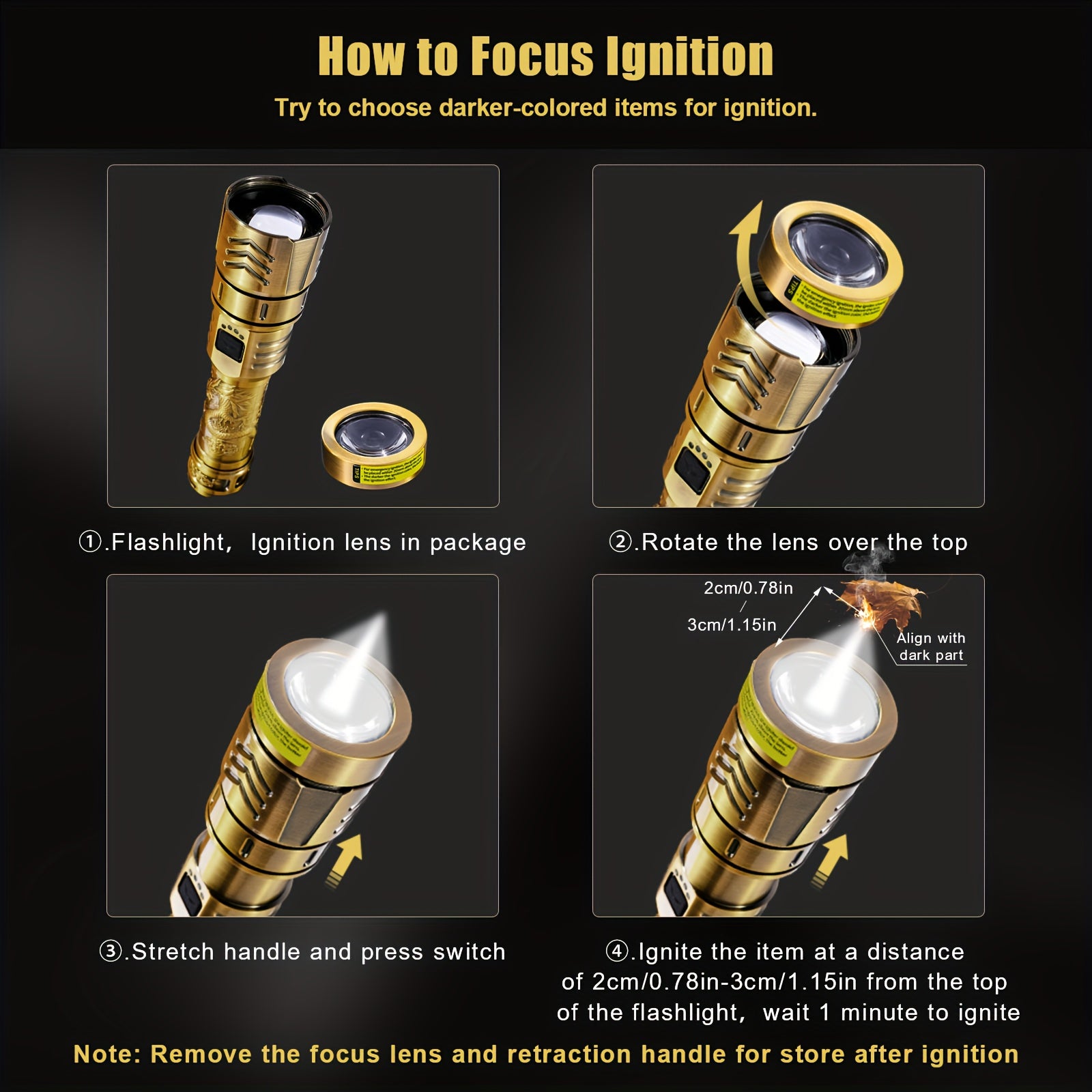 SKYFIRE LED High-brightness Golden Dragon Pattern Flashlight, 5000mAh Rechargeable Flashlight with Ignition Lens, Zoom Function, Four Modes, Suitable for Camping, Outdoor And Household Use
