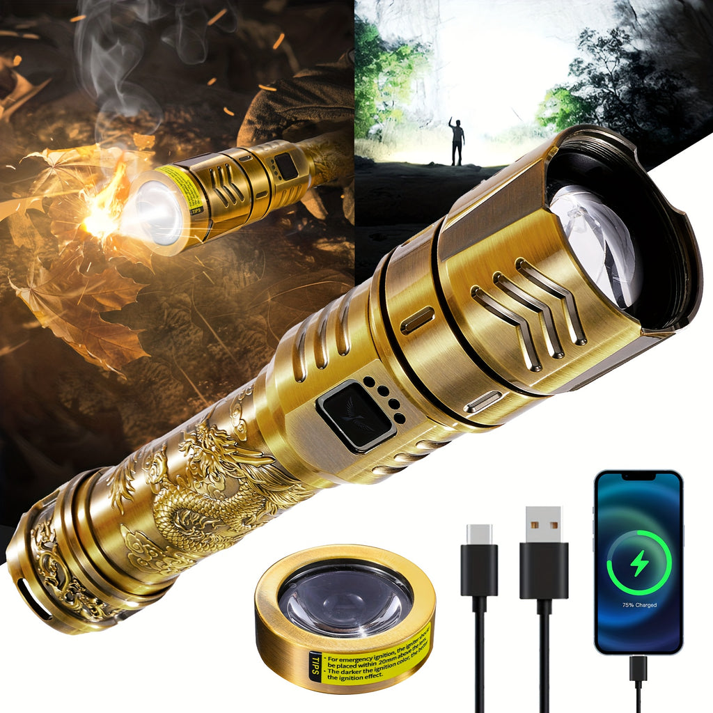SKYFIRE LED High-brightness Golden Dragon Pattern Flashlight, 4000mAh Rechargeable Flashlight With Ignition Lens, Zoom Function, Four Modes, Suitable For Camping, Outdoor And Household Use