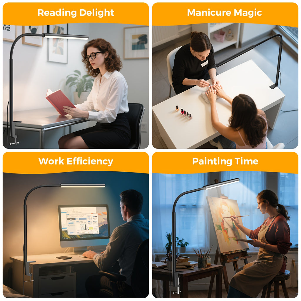 Professional LED Desk Lamp with Heavy Duty Clamp - 360° Adjustable Gooseneck, 5 Lighting Modes & 10 Brightness Levels, Eye Strain Relief for Home Office