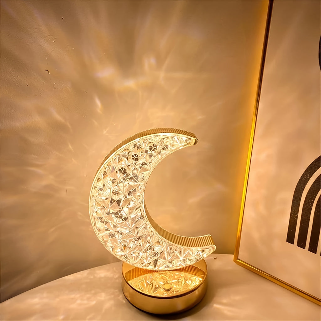 2pcs Elegant Crescent Moon Crystal Desk Lamps, 3-Color Touch Control, Rechargeable Battery - Modern Metal Nightstand Lighting with Sparkling Gemstone Accents, Desk Lamps for Home Office