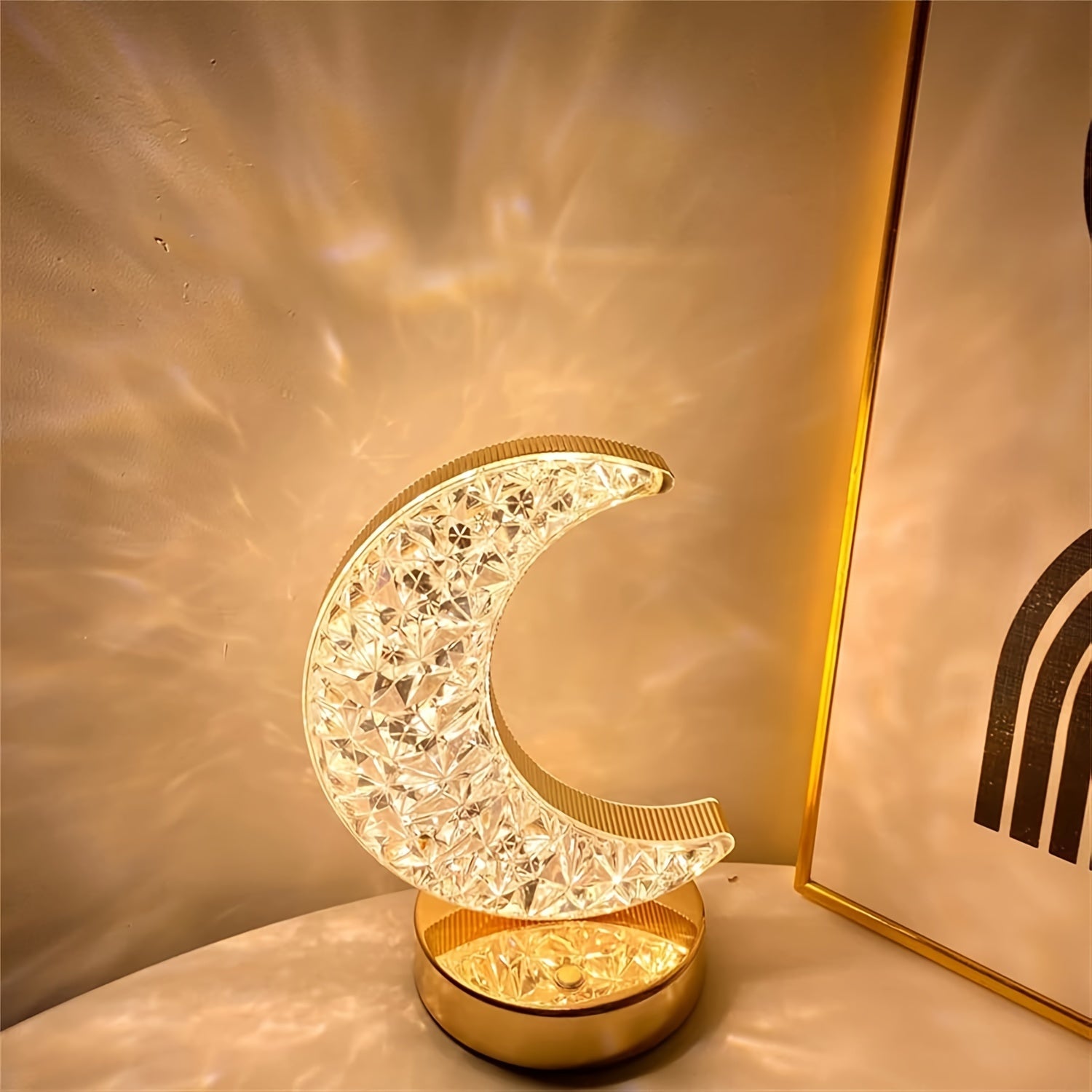 2pcs Elegant Crescent Moon Crystal Desk Lamps, 3-Color Touch Control, Rechargeable Battery - Modern Metal Nightstand Lighting with Sparkling Gemstone Accents, Desk Lamps for Home Office