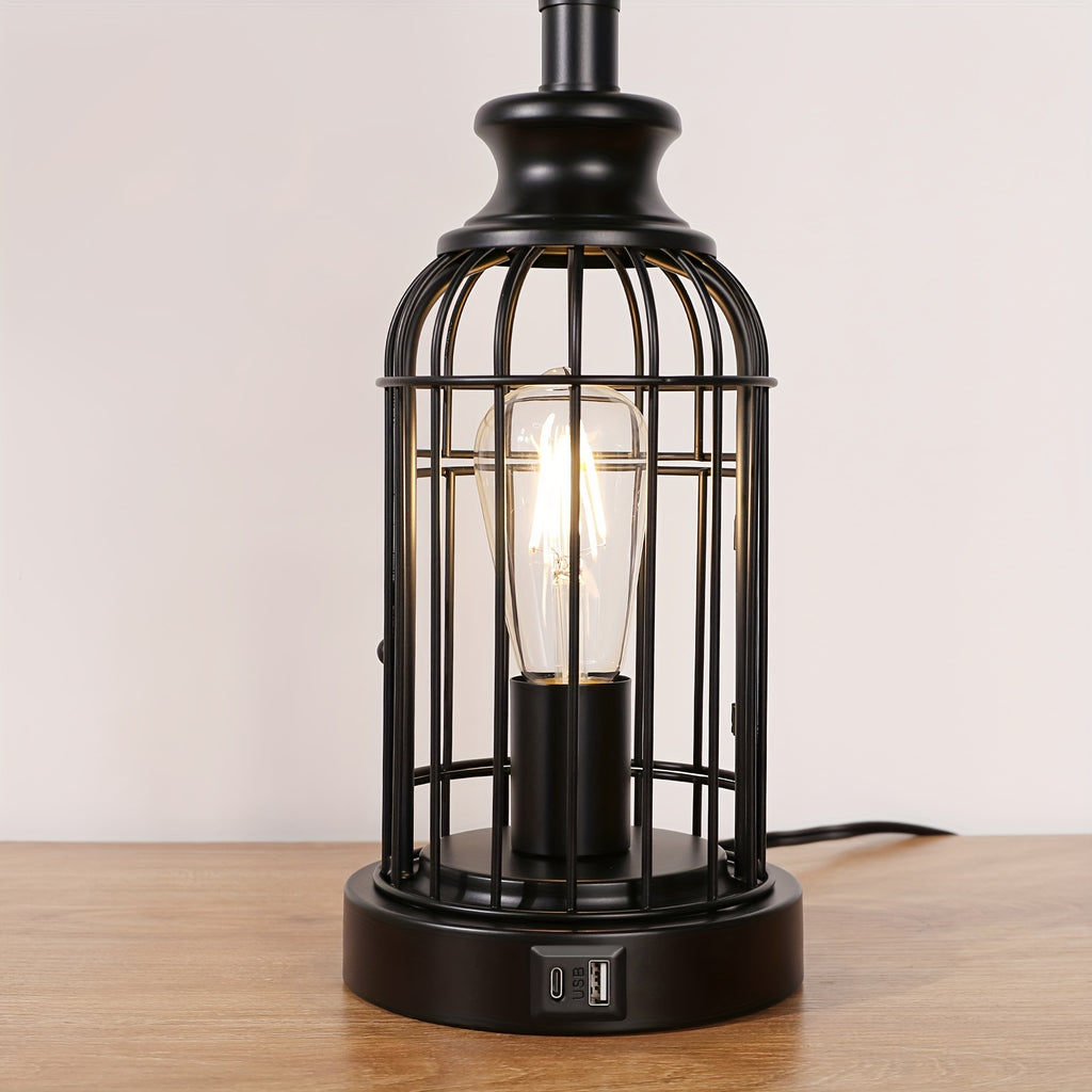 2 Set Farmhouse Table Lamps with 4 LED Bulbs, 9W Bright Rotary Switch Top Light + Touch Contorl 3 Way Dimmable Bird Cage Nightstand Light, Dual USB Ports, Natural Linen Shade, Metal, Black, 22 Inch