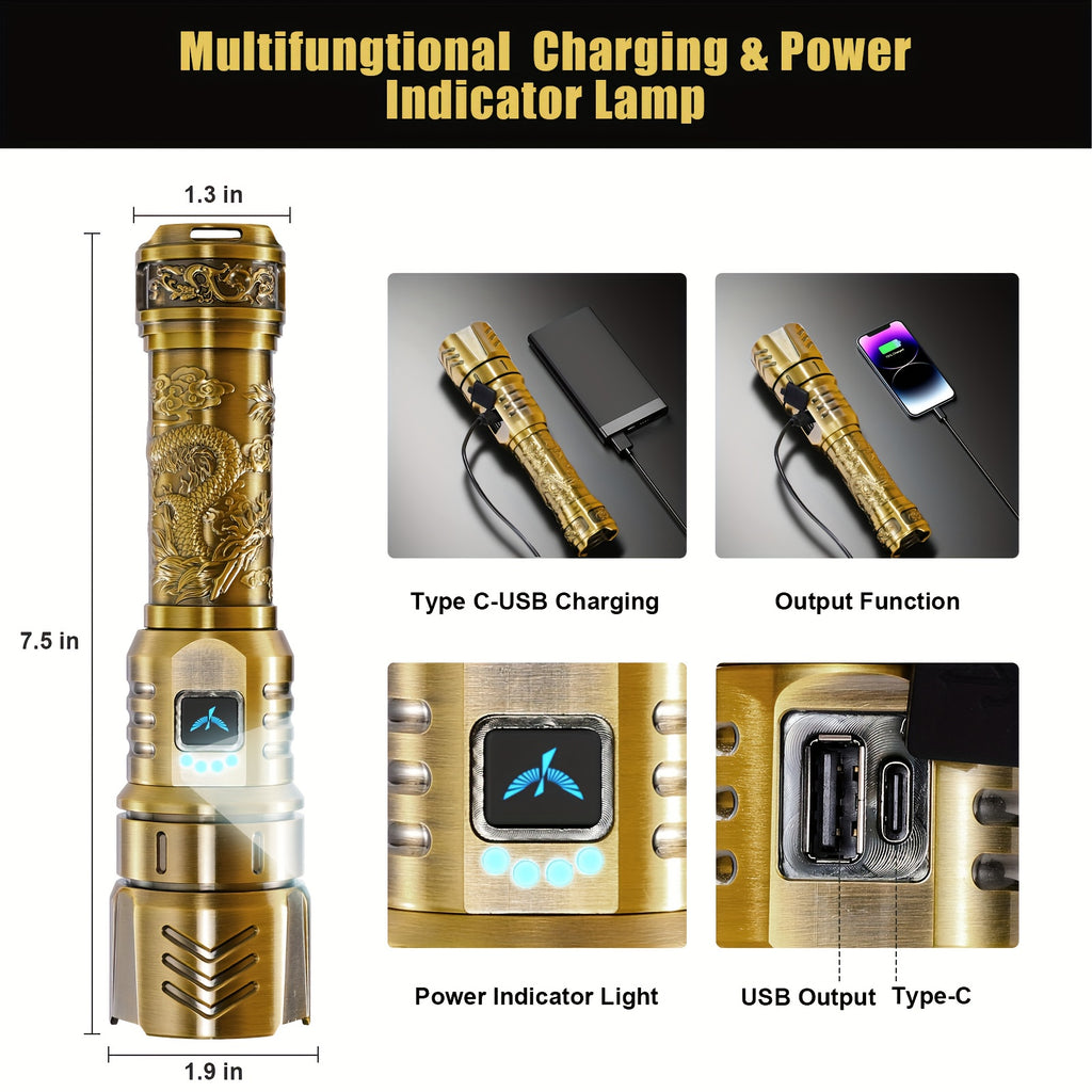 SKYFIRE LED High-brightness Golden Dragon Pattern Flashlight, 5000mAh Rechargeable Flashlight with Ignition Lens, Zoom Function, Four Modes, Suitable for Camping, Outdoor And Household Use