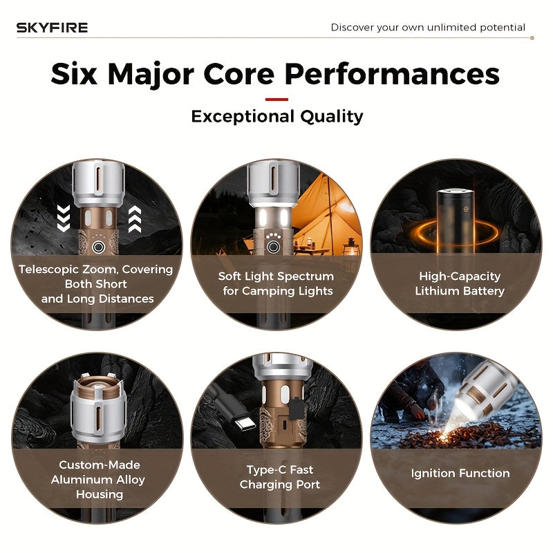 SKYFIRE New Model Flashlight - High Brightness - Rechargeable Type, Outdoor Flashlight - Extremely Bright, Comes In Five Modes, Includes Focusing Mirror And Various Gifts, Camping Light Design, Suitable for Camping, Outdoor Activities And Home Use.