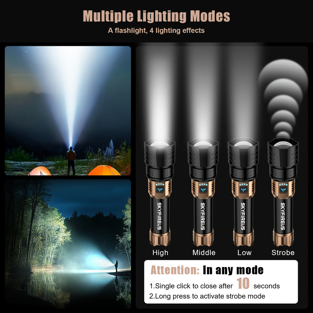 SKYFIRE LED Flashlight High Lumens, Super Bright Rechargeable Flashlight with Ignition Lens, Zoomable, Four Modes, Flash Light for Camping Essentials, Outdoor, Home