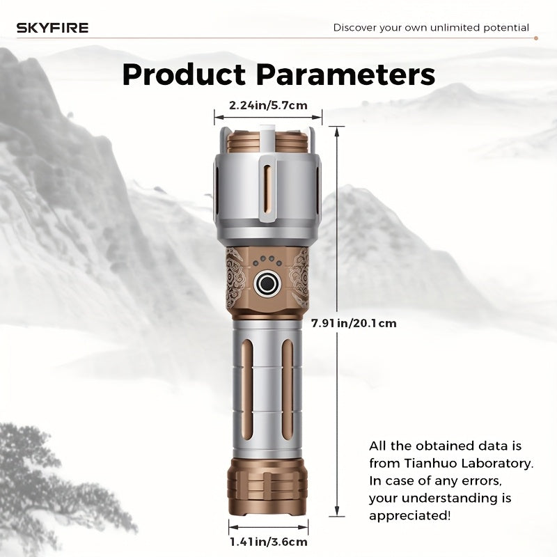SKYFIRE New Model Flashlight - High Brightness - Rechargeable Type, Outdoor Flashlight - Extremely Bright, Comes In Five Modes, Includes Focusing Mirror And Various Gifts, Camping Light Design, Suitable for Camping, Outdoor Activities And Home Use.