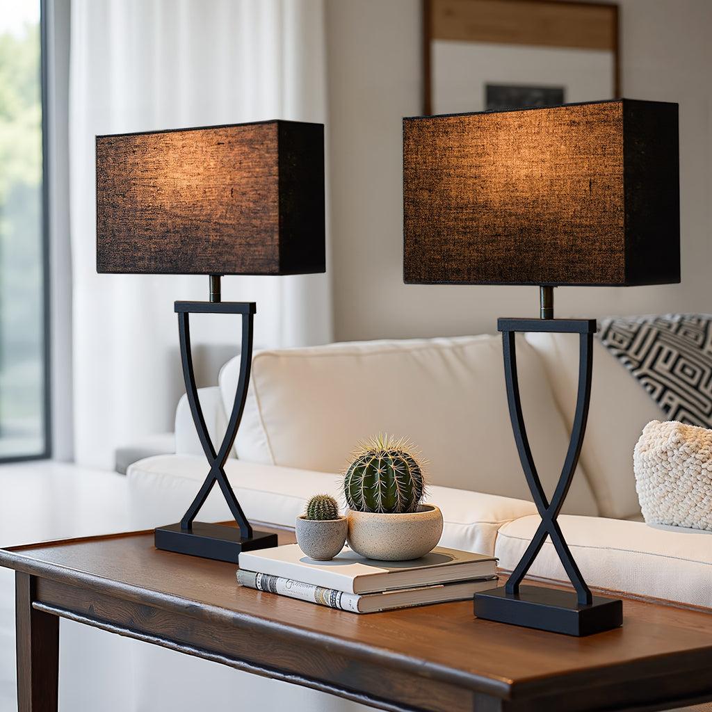 Set of 2 21'' Minimalist Table Lamps Featuring Black Rectangular Linen Shades And a Wrought Iron Geometric Base, Ideal for Providing a Moody And Cozy Accent Light. Equipped with E26 Sockets, These Contemporary Lamps Are Perfect for Decorating Bedroo