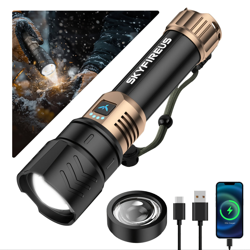 SKYFIRE LED Flashlight High Lumens, Super Bright Rechargeable Flashlight with Ignition Lens, Zoomable, Four Modes, Flash Light for Camping Essentials, Outdoor, Home